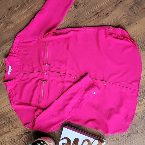 Bright Pink Calvin Klein Button Zipper Small Dressy Blouse - Picture 2 of 8